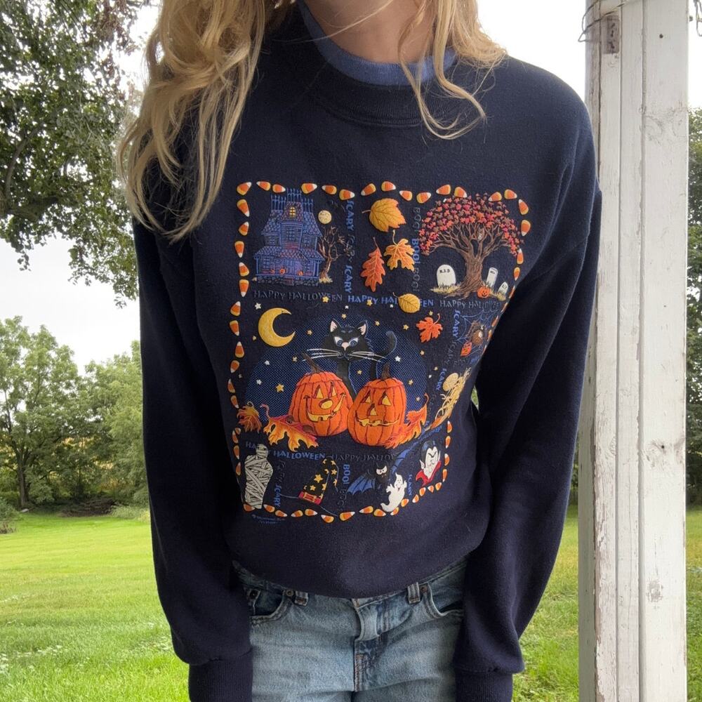 Vintage 90s Morning Sun Halloween Crewneck Sweatshirt Size Medium Pumpkins